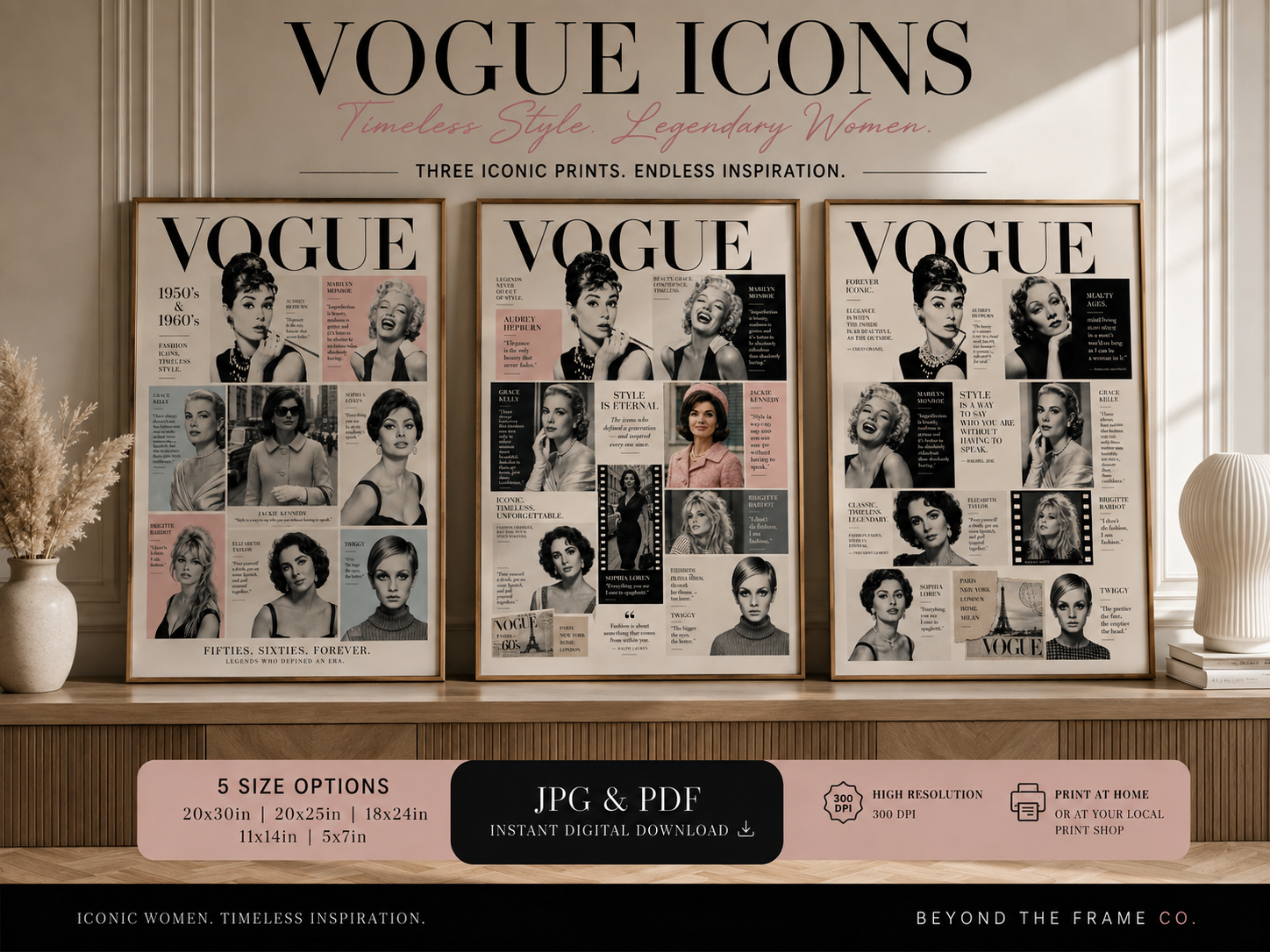 Vintage Fashion Icons Wall Art Set of 3 | 1950s & 1960s Editorial Fashion Collage | Retro Glamour Printable Art