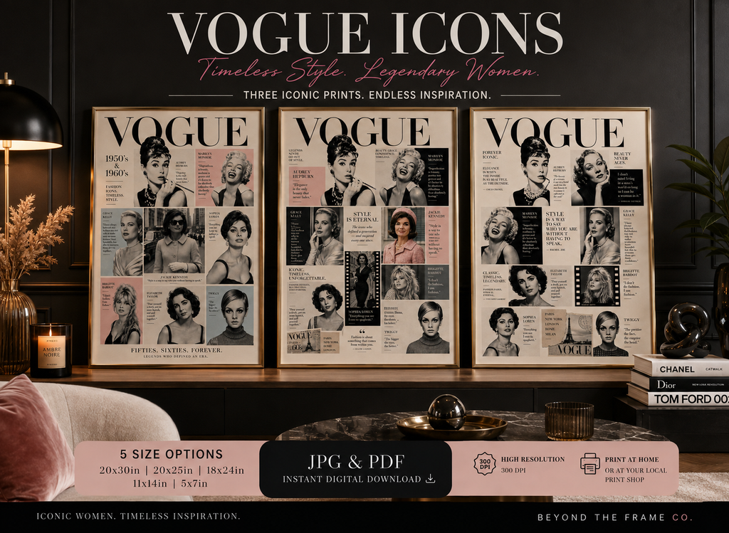 Vintage Fashion Icons Wall Art Set of 3 | 1950s & 1960s Editorial Fashion Collage | Retro Glamour Printable Art