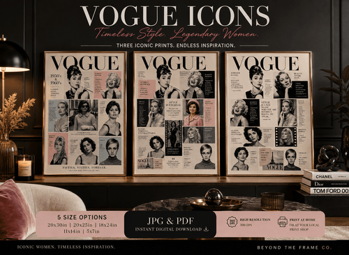 Promotional graphic for a digital download product showing three framed Vogue-style portrait prints with iconic women, set in a styled interior scene. Large text reads 'VOGUE ICONS' and 'Three Iconic Prints.