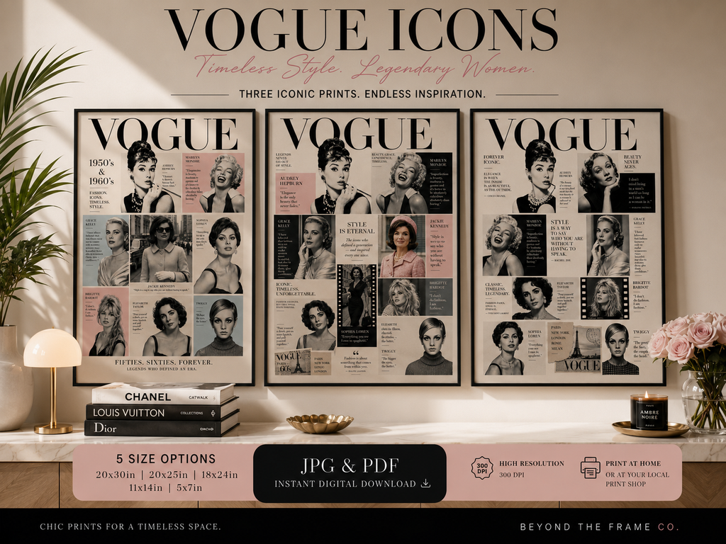 Vintage Fashion Icons Wall Art Set of 3 | 1950s & 1960s Editorial Fashion Collage | Retro Glamour Printable Art