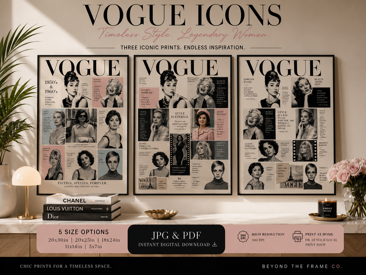 Vintage Fashion Icons Wall Art Set of 3 | 1950s & 1960s Editorial Fashion Collage | Retro Glamour Printable Art