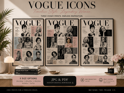 A styled interior scene showing three framed Vogue icon poster prints mounted on a beige wall above a shelf with books, a lamp, and flowers. The image includes promotional text for a digital download product titled 'Vogue Icons' and size/JPG/PDF details.