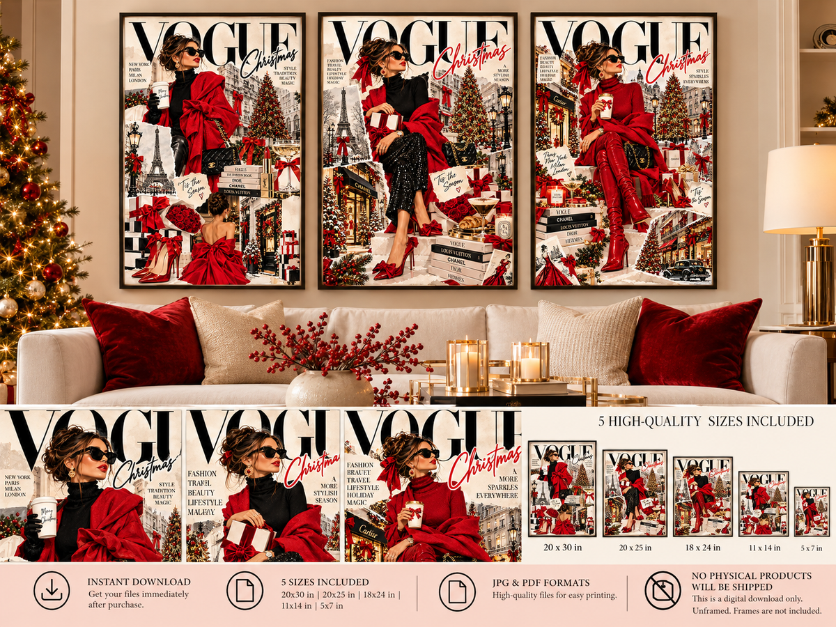 Christmas Fashion Wall Art Set of 3 – Vogue Style Editorial Collage Prints, Red & Black Holiday Fashion Decor, Digital Download