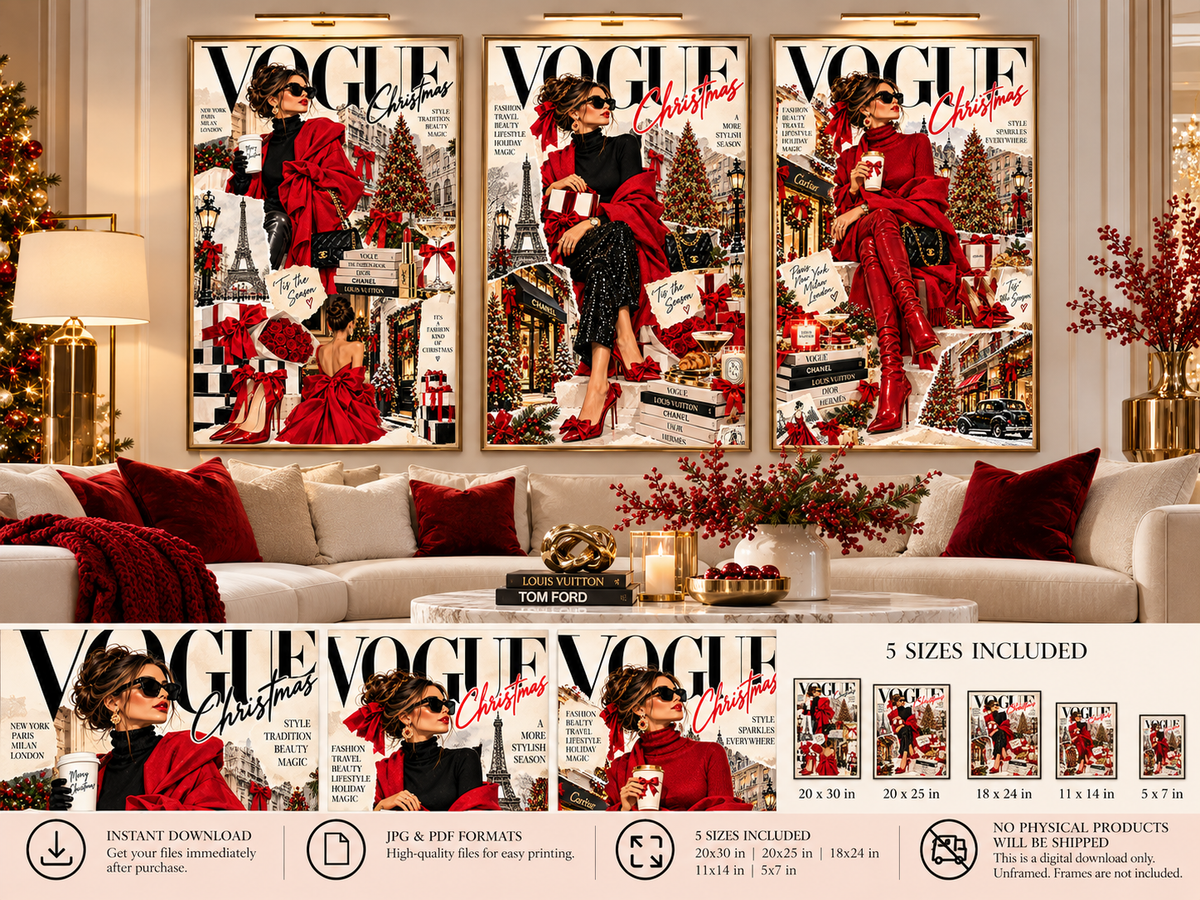 Christmas Fashion Wall Art Set of 3 – Vogue Style Editorial Collage Prints, Red & Black Holiday Fashion Decor, Digital Download