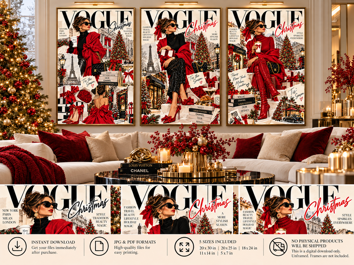 Christmas Fashion Wall Art Set of 3 – Vogue Style Editorial Collage Prints, Red & Black Holiday Fashion Decor, Digital Download