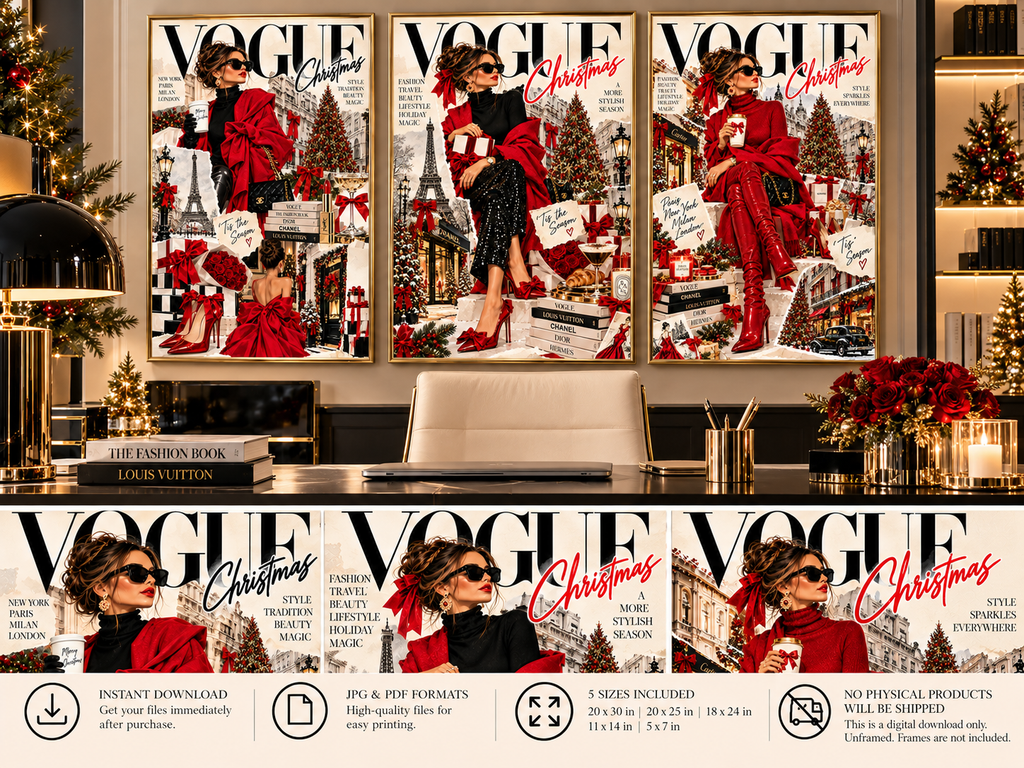 Christmas Fashion Wall Art Set of 3 – Vogue Style Editorial Collage Prints, Red & Black Holiday Fashion Decor, Digital Download
