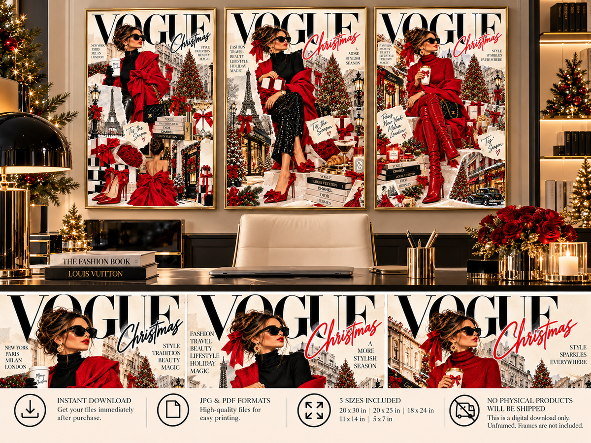 Christmas Fashion Wall Art Set of 3 – Vogue Style Editorial Collage Prints, Red & Black Holiday Fashion Decor, Digital Download