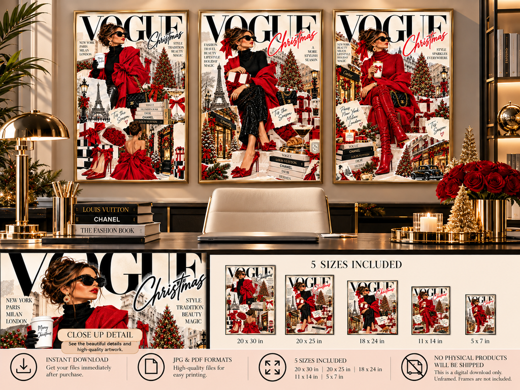 Christmas Fashion Wall Art Set of 3 – Vogue Style Editorial Collage Prints, Red & Black Holiday Fashion Decor, Digital Download