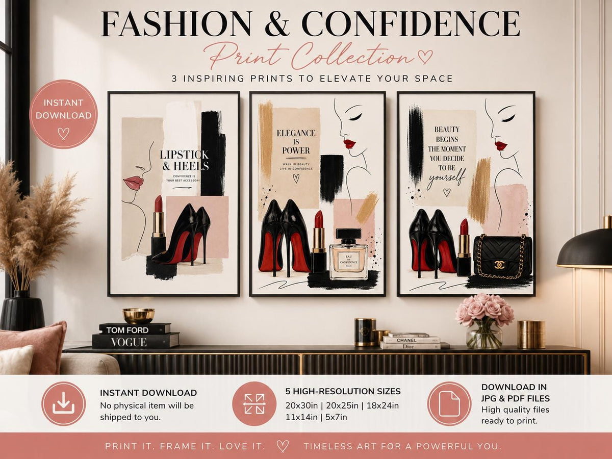 Luxury Fashion Wall Art Set of 3, Lipstick & Heels Printable Wall Art, Chic Makeup Fashion Print, Glam Office Decor Download