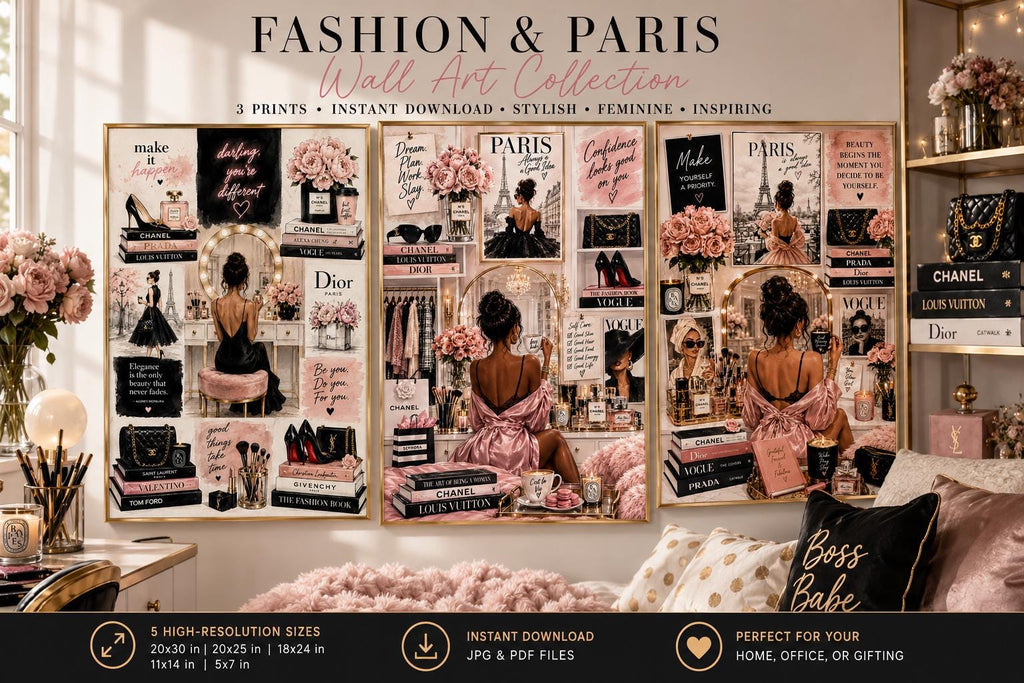Chic Paris Fashion Wall Art Set, Vanity Glam Illustration Prints (Digital Download)