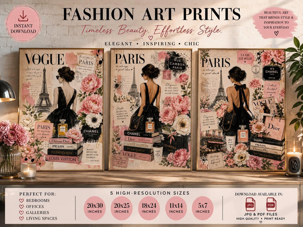 Paris Fashion Wall Art Set, Floral Chic Vogue Prints, Luxury Gallery Decor (Digital Download)