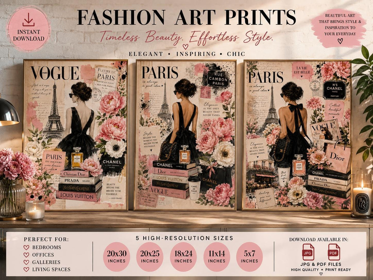 Paris Fashion Wall Art Set, Floral Chic Vogue Prints, Luxury Gallery Decor (Digital Download)