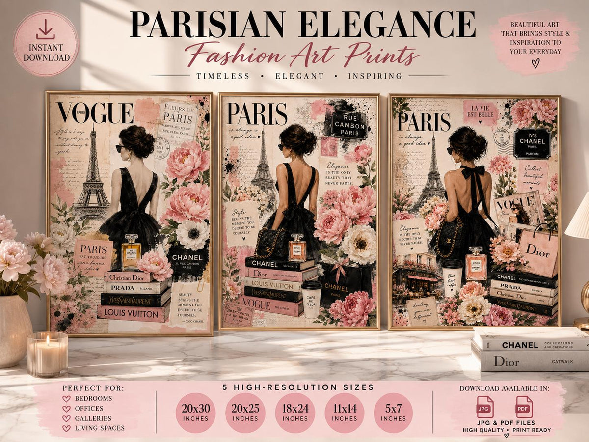 Paris Fashion Wall Art Set, Floral Chic Vogue Prints, Luxury Gallery Decor (Digital Download)
