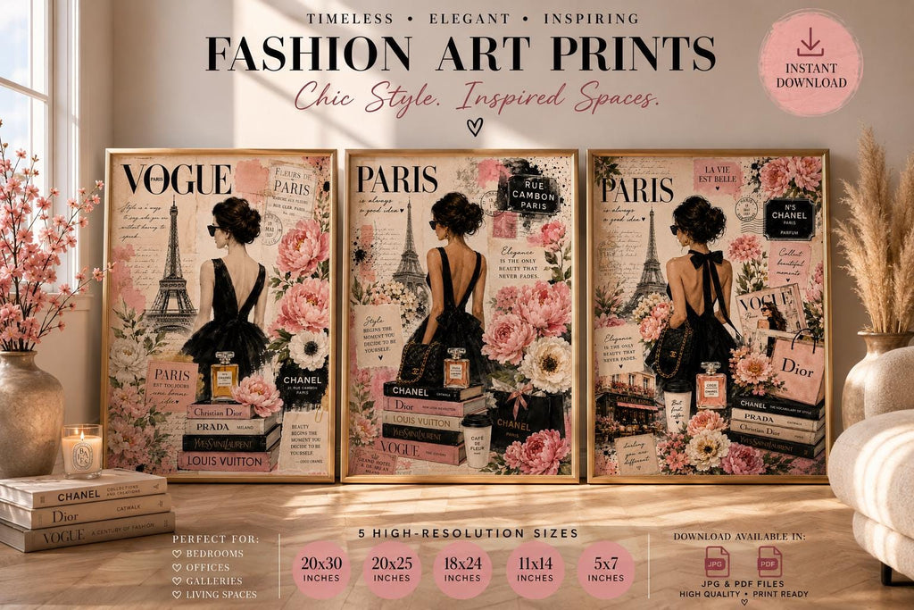 Paris Fashion Wall Art Set, Floral Chic Vogue Prints, Luxury Gallery Decor (Digital Download)