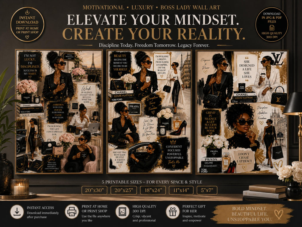 Boss Lady Fashion Wall Art, Black Woman Luxury Illustration, Motivational Office Decor (Digital Download)