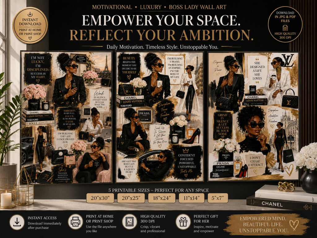 Boss Lady Fashion Wall Art, Black Woman Luxury Illustration, Motivational Office Decor (Digital Download)