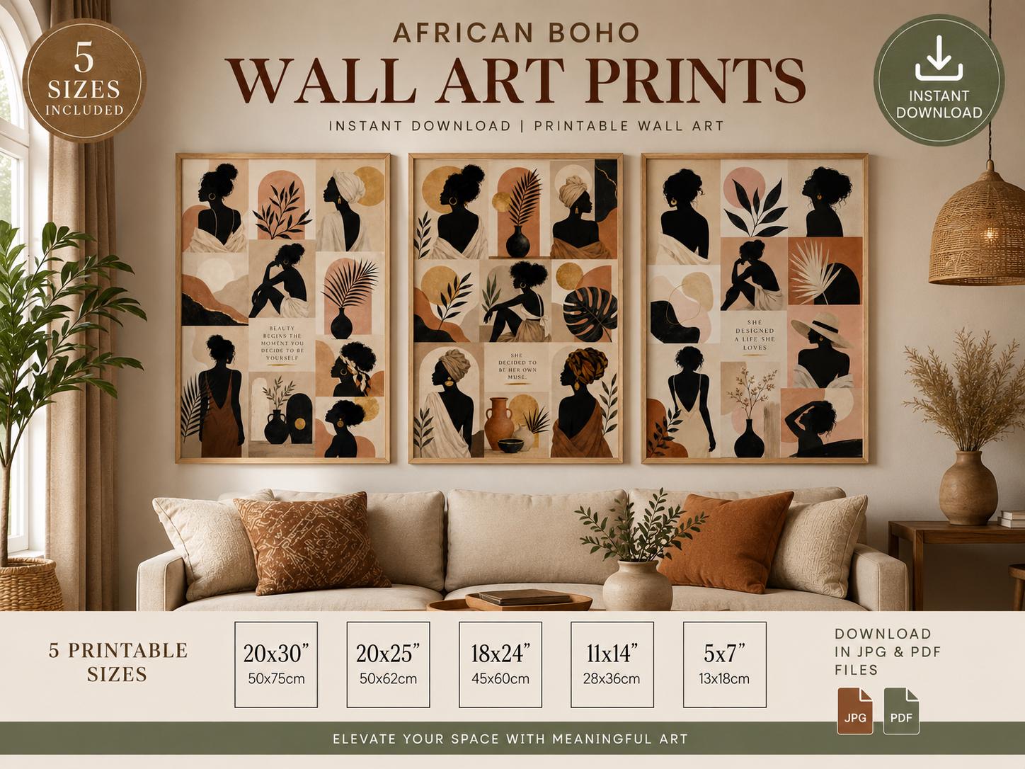 African Boho Woman Wall Art Print Set, Abstract Neutral Gallery Decor (Digital Download)