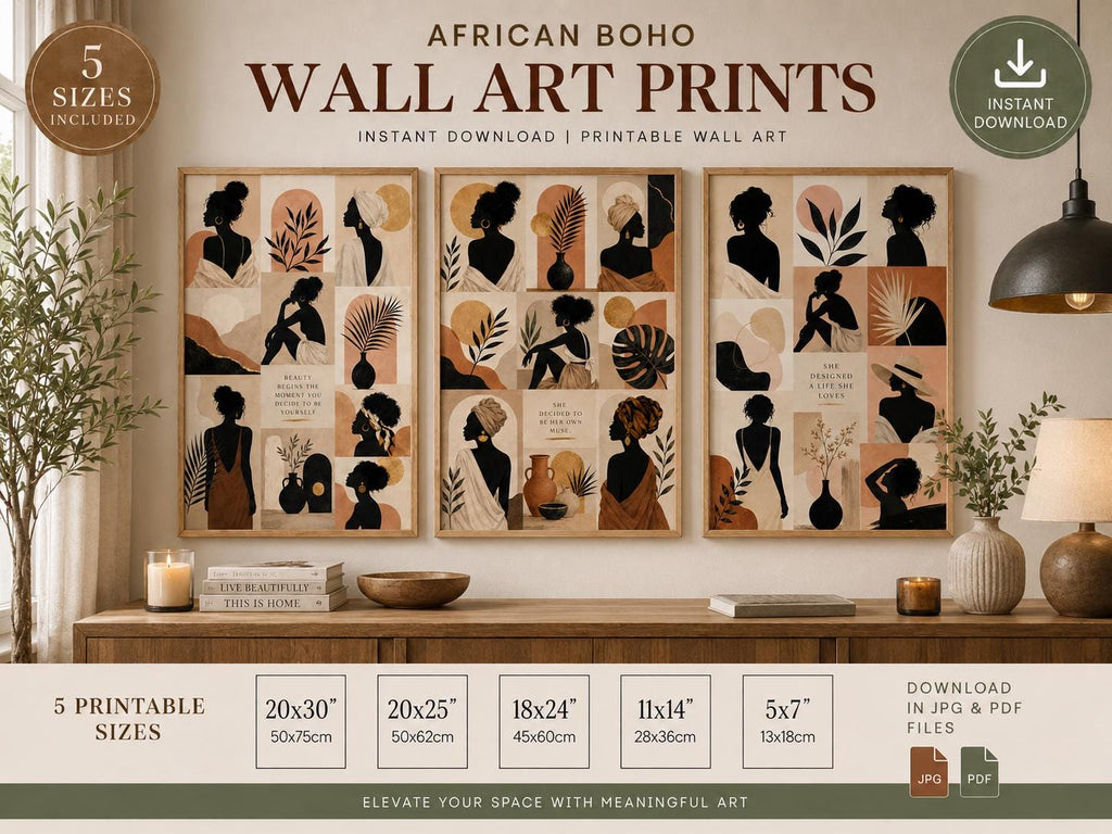 African Boho Woman Wall Art Print Set, Abstract Neutral Gallery Decor (Digital Download)