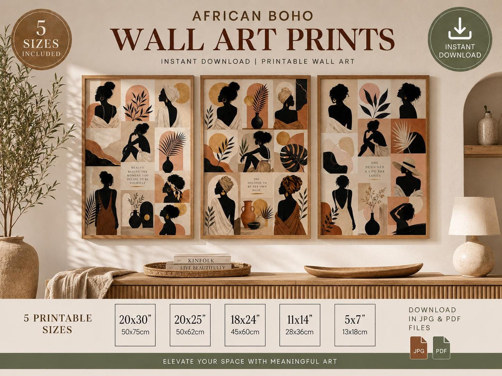 African Boho Woman Wall Art Print Set, Abstract Neutral Gallery Decor (Digital Download)