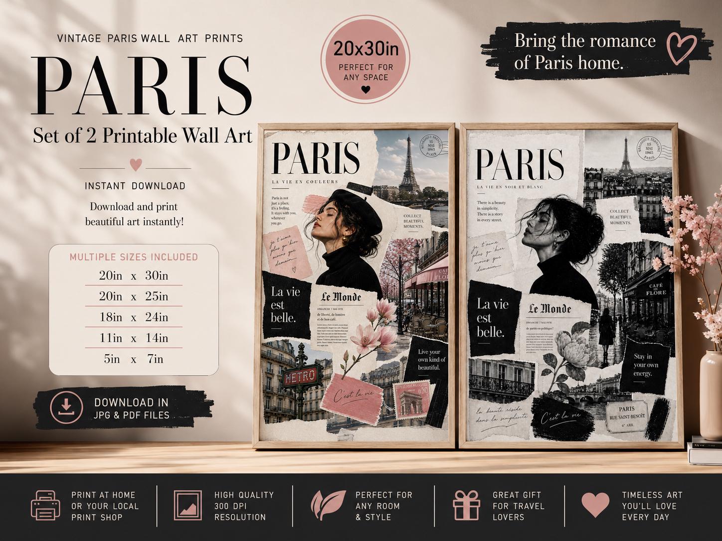 Set of 2 Vintage Paris Collage Prints, Black & White Color Decor (Digital Download)