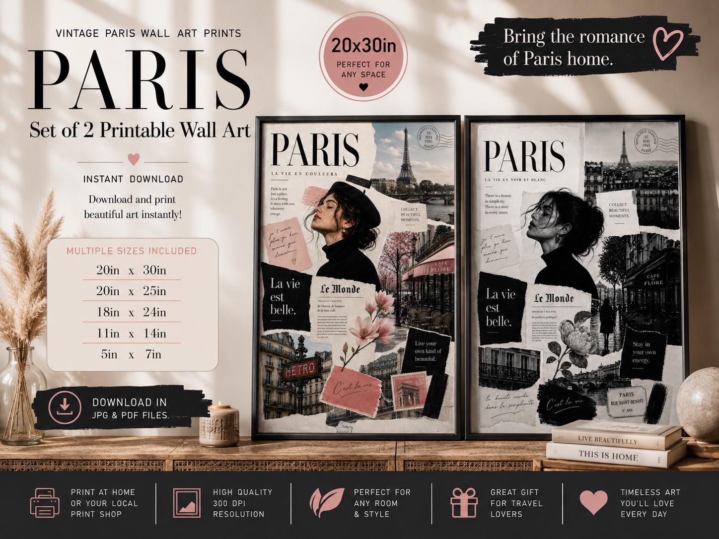 Set of 2 Vintage Paris Collage Prints, Black & White Color Decor (Digital Download)