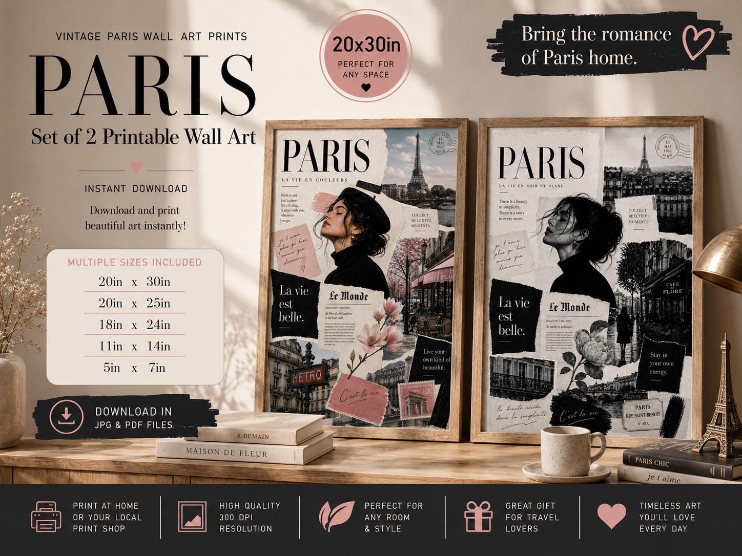 Set of 2 Vintage Paris Collage Prints, Black & White Color Decor (Digital Download)