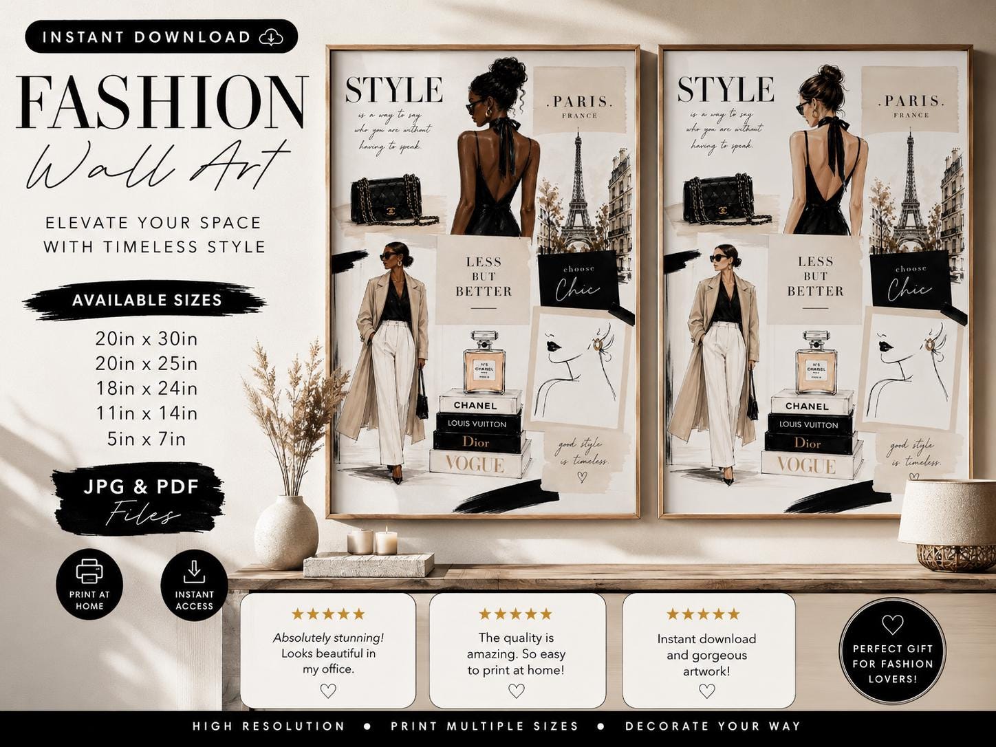 Paris Fashion Illustration, Chic Vogue Style, Neutral Woman Art (Digital Download)