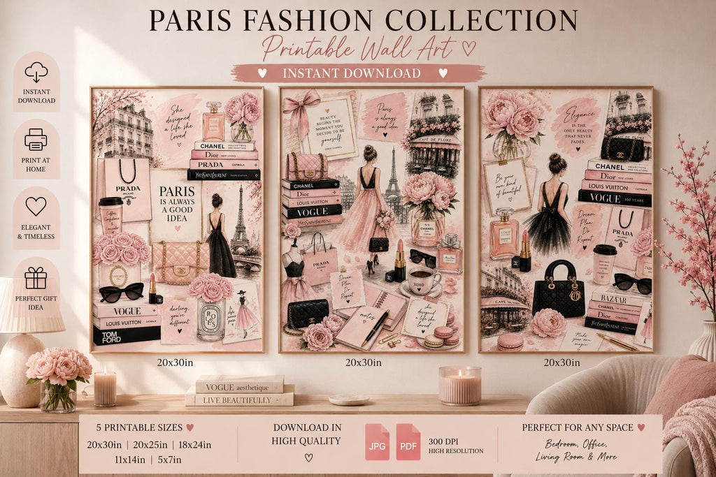 Blush Pink Paris Fashion Wall Art Set, Chic Feminine Collage Prints (Digital Download)