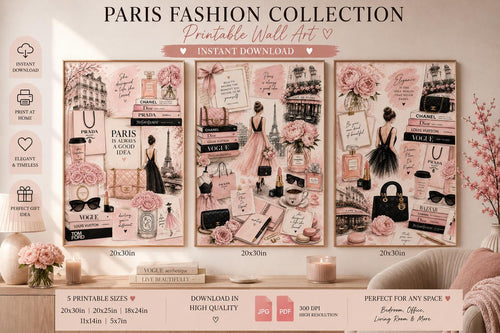 Blush Pink Paris Fashion Wall Art Set, Chic Feminine Collage Prints (Digital Download)