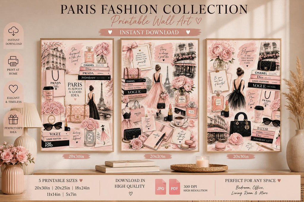Blush Pink Paris Fashion Wall Art Set, Chic Feminine Collage Prints (Digital Download)