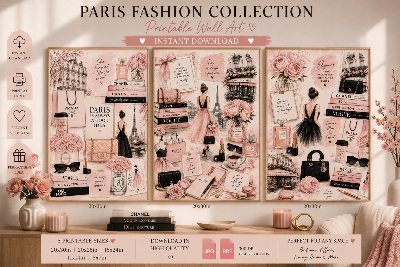 Blush Pink Paris Fashion Wall Art Set, Chic Feminine Collage Prints (Digital Download)