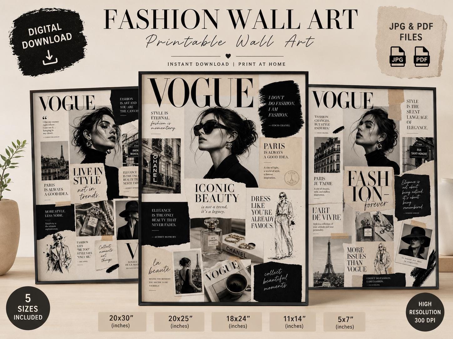 Vogue Style Fashion Collage Prints, Chic Editorial Posters (Digital Download)