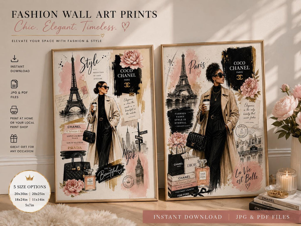 Paris Fashion Wall Art Print, Chanel Inspired Collage Poster, Eiffel Tower Chic Decor, Neutral Luxury Fashion Illustration, AI Art