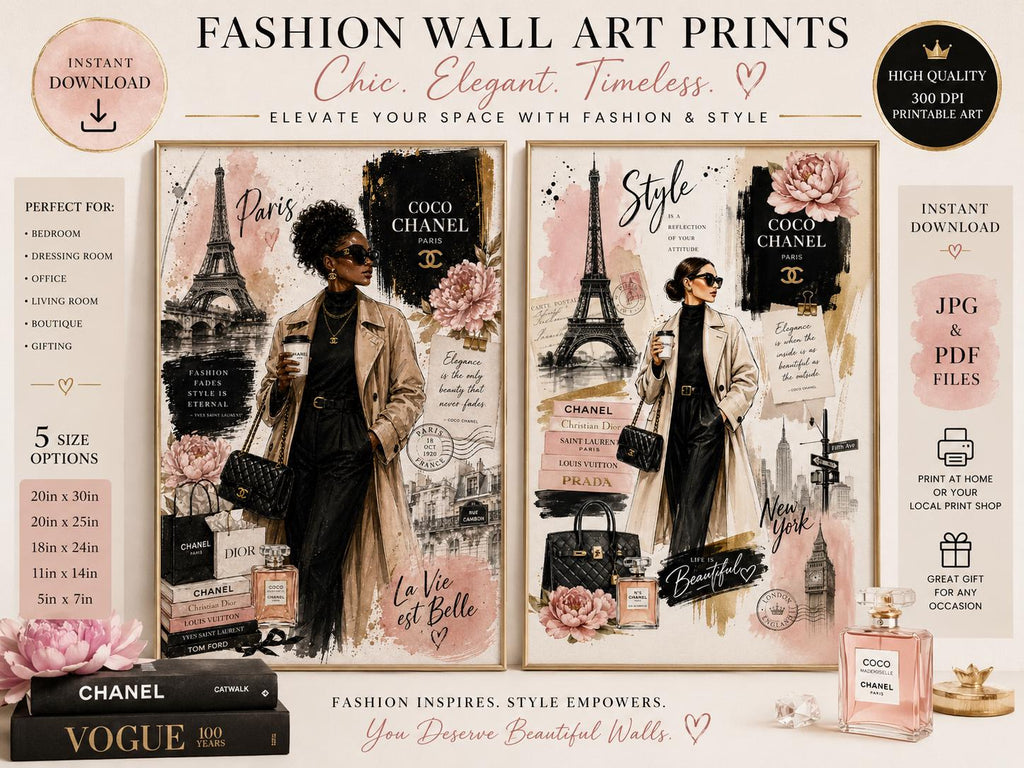 Paris Fashion Wall Art Print, Chanel Inspired Collage Poster, Eiffel Tower Chic Decor, Neutral Luxury Fashion Illustration, AI Art