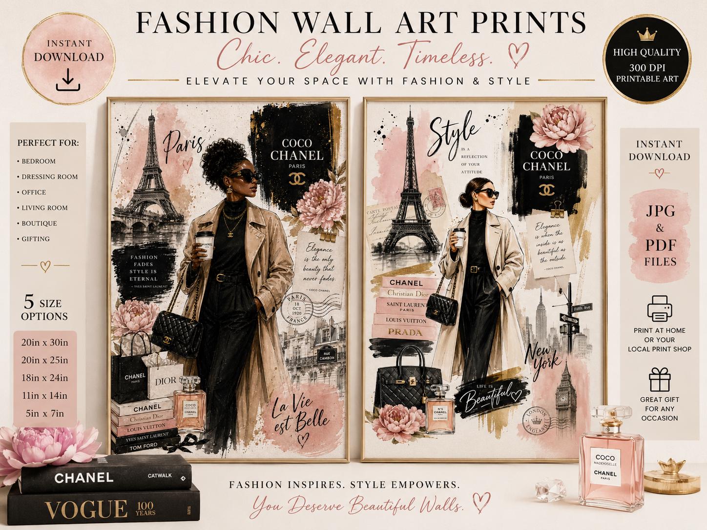 Paris Fashion Wall Art Print, Chanel Inspired Collage Poster, Eiffel Tower Chic Decor, Neutral Luxury Fashion Illustration, AI Art