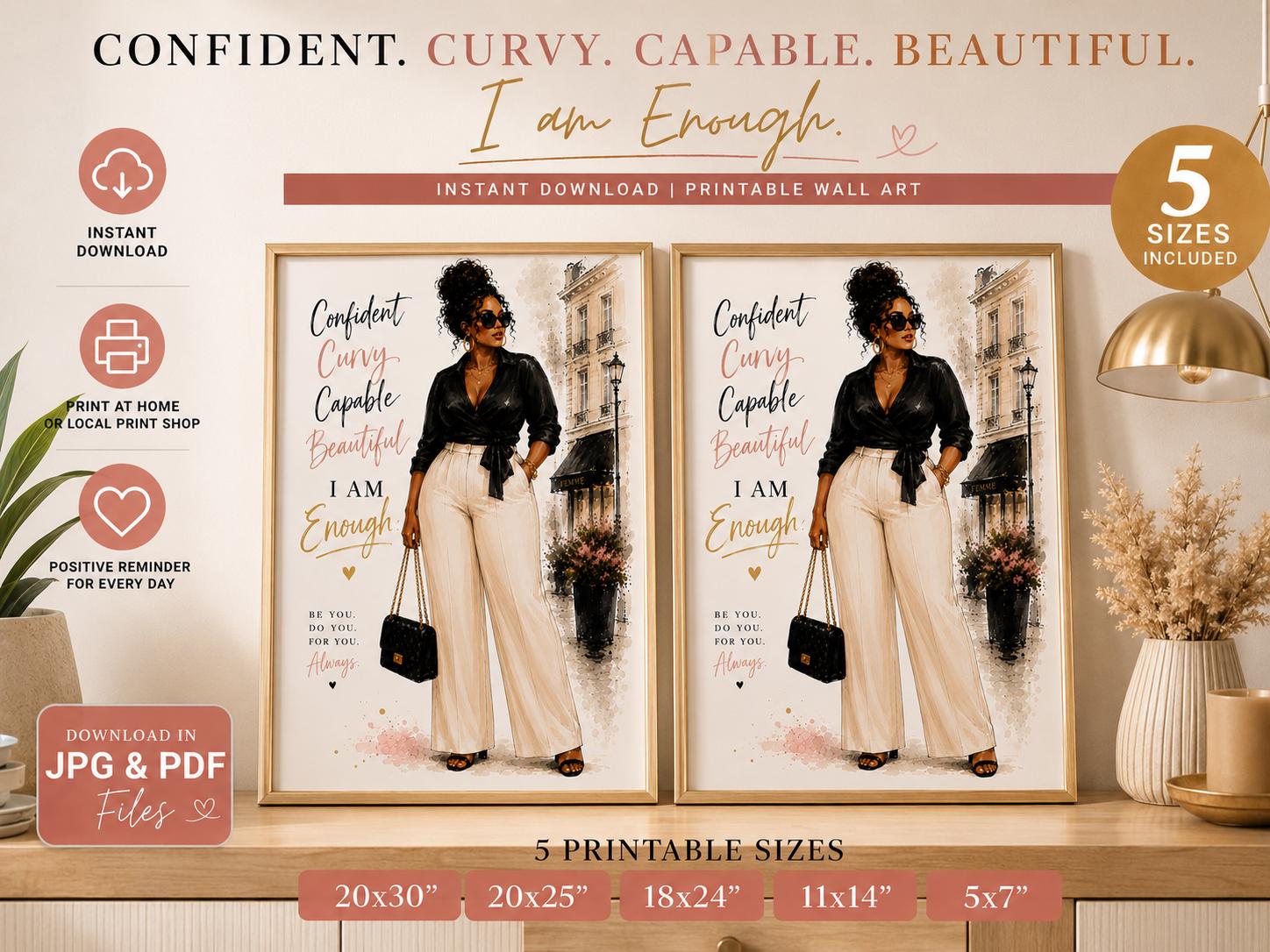 Curvy Body Fashion Illustration Print, Black Girl Wall Art, Chic Neutral Decor (Digital Download)