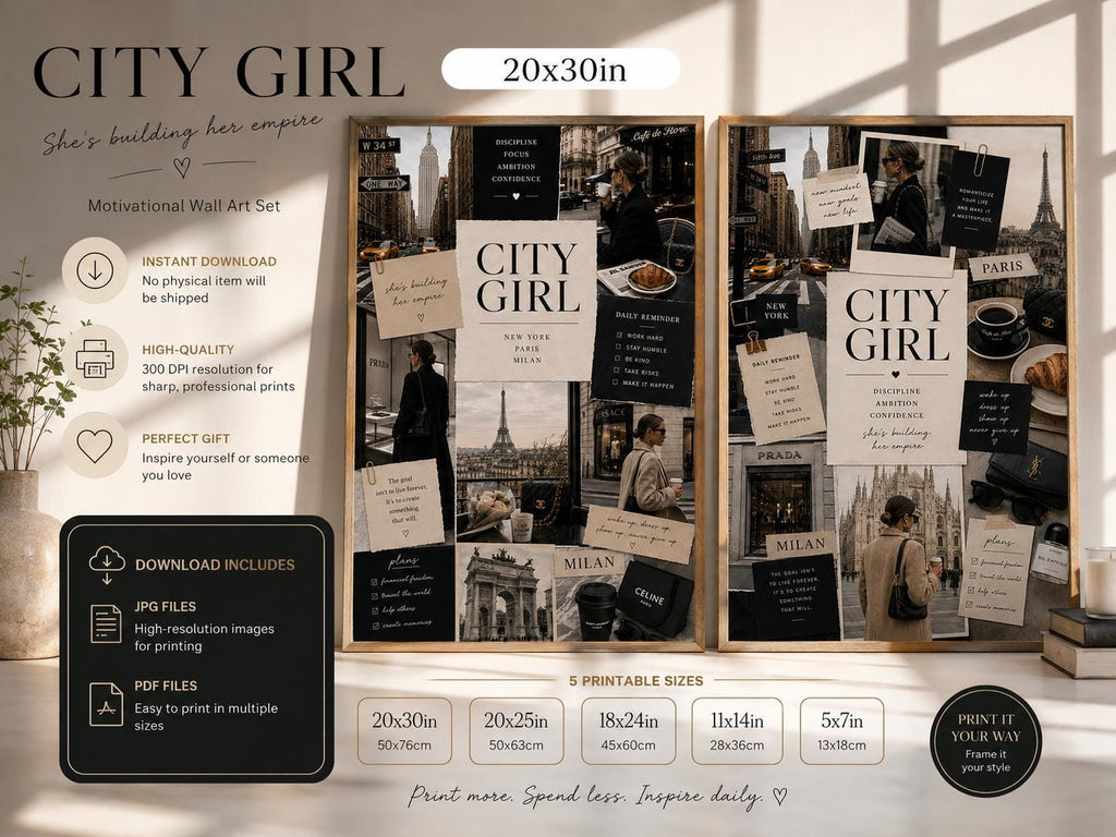 City Girl Fashion Collage Print, NYC Paris Milan Luxury Poster (Digital Download)