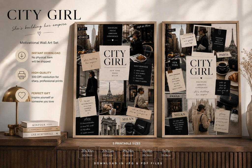 City Girl Fashion Collage Print, NYC Paris Milan Luxury Poster (Digital Download)