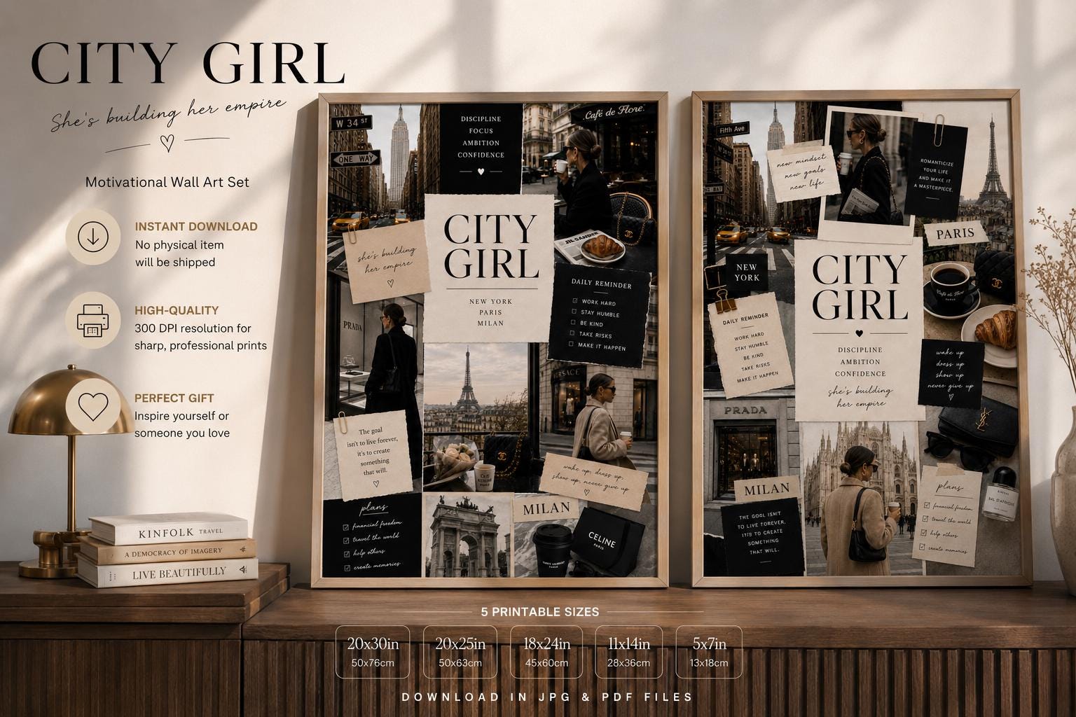 City Girl Fashion Collage Print, NYC Paris Milan Luxury Poster (Digital Download)