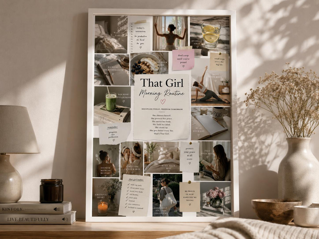 That Girl Morning Routine Wall Art, Neutral Wellness Collage Print (Digital Download)