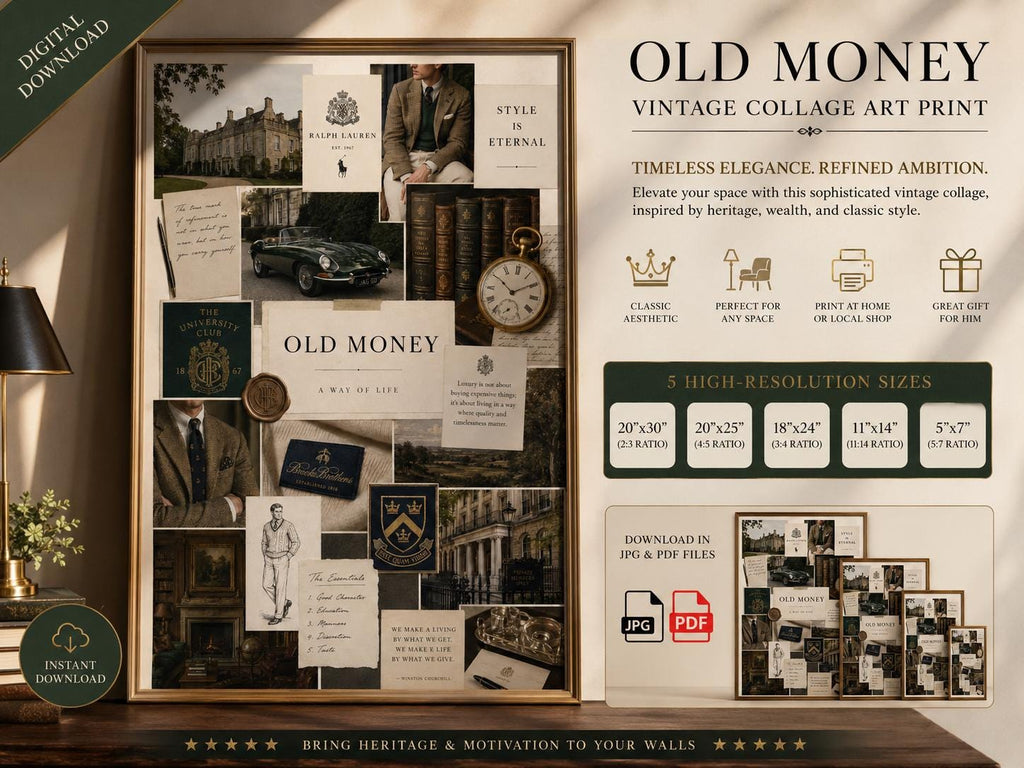Old Money Collage Print, Vintage Preppy Fashion Wall Art (Digital Download)