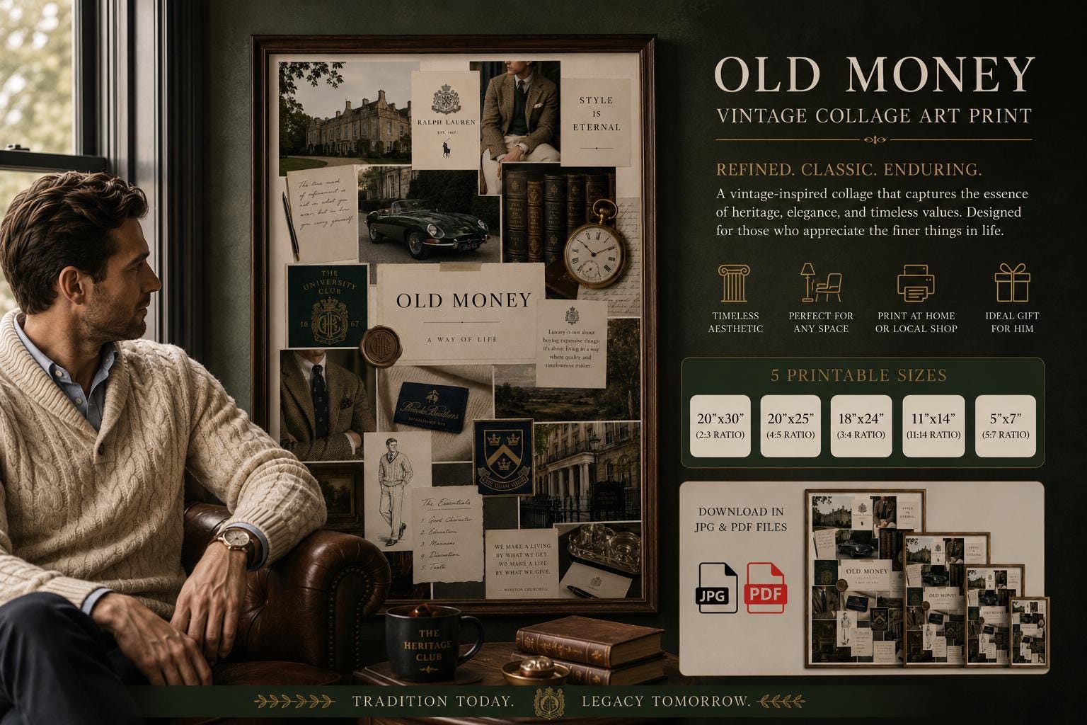 Old Money Collage Print, Vintage Preppy Fashion Wall Art (Digital Download)