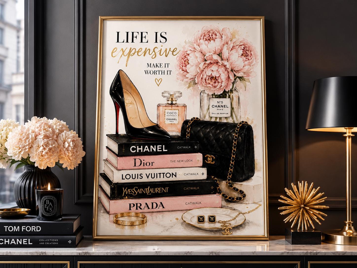 Luxury Fashion Wall Art Print, Chanel Inspired Fashion Illustration, Pink Peony Designer Decor, Glam Perfume & Heels Poster