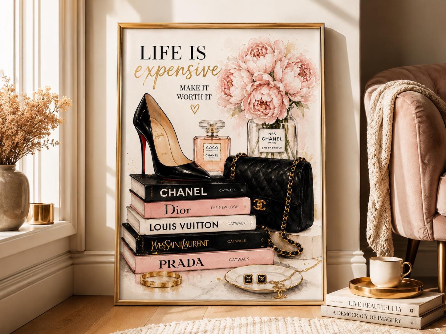 Luxury Fashion Wall Art Print, Chanel Inspired Fashion Illustration, Pink Peony Designer Decor, Glam Perfume & Heels Poster