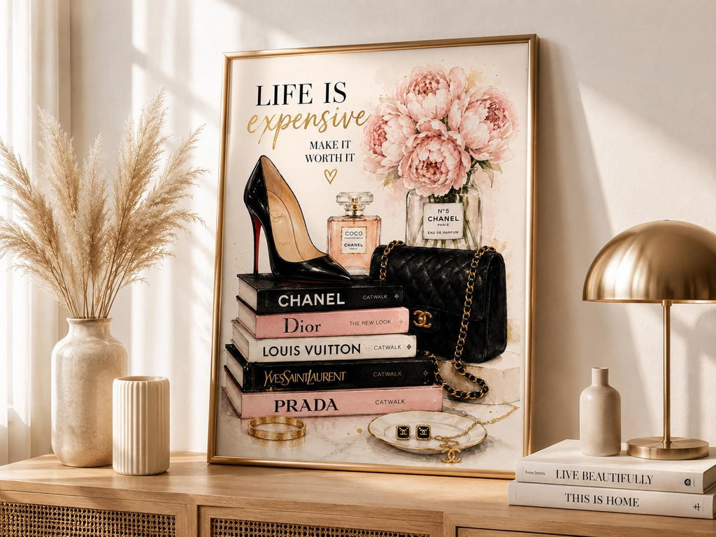 Luxury Fashion Wall Art Print, Chanel Inspired Fashion Illustration, Pink Peony Designer Decor, Glam Perfume & Heels Poster
