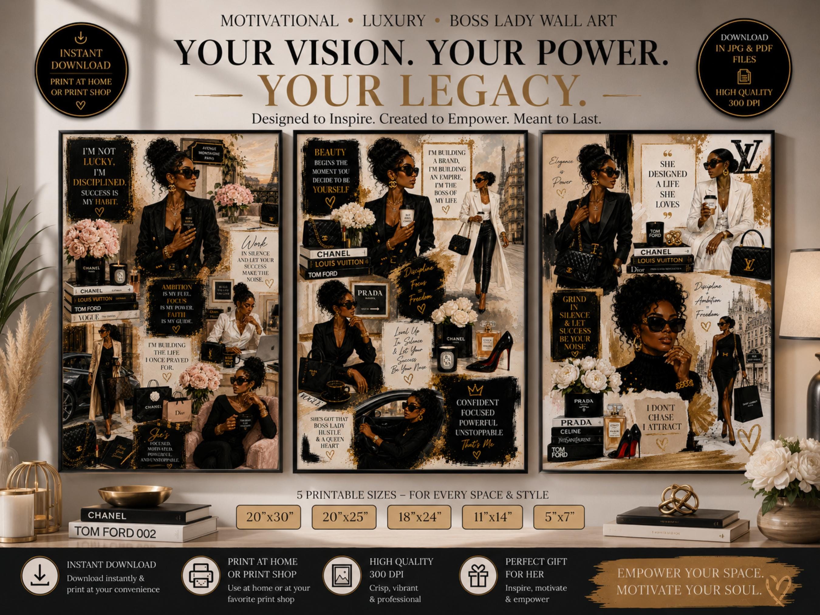 Boss Lady Fashion Wall Art, Black Woman Luxury Illustration, Motivational Office Decor (Digital Download)