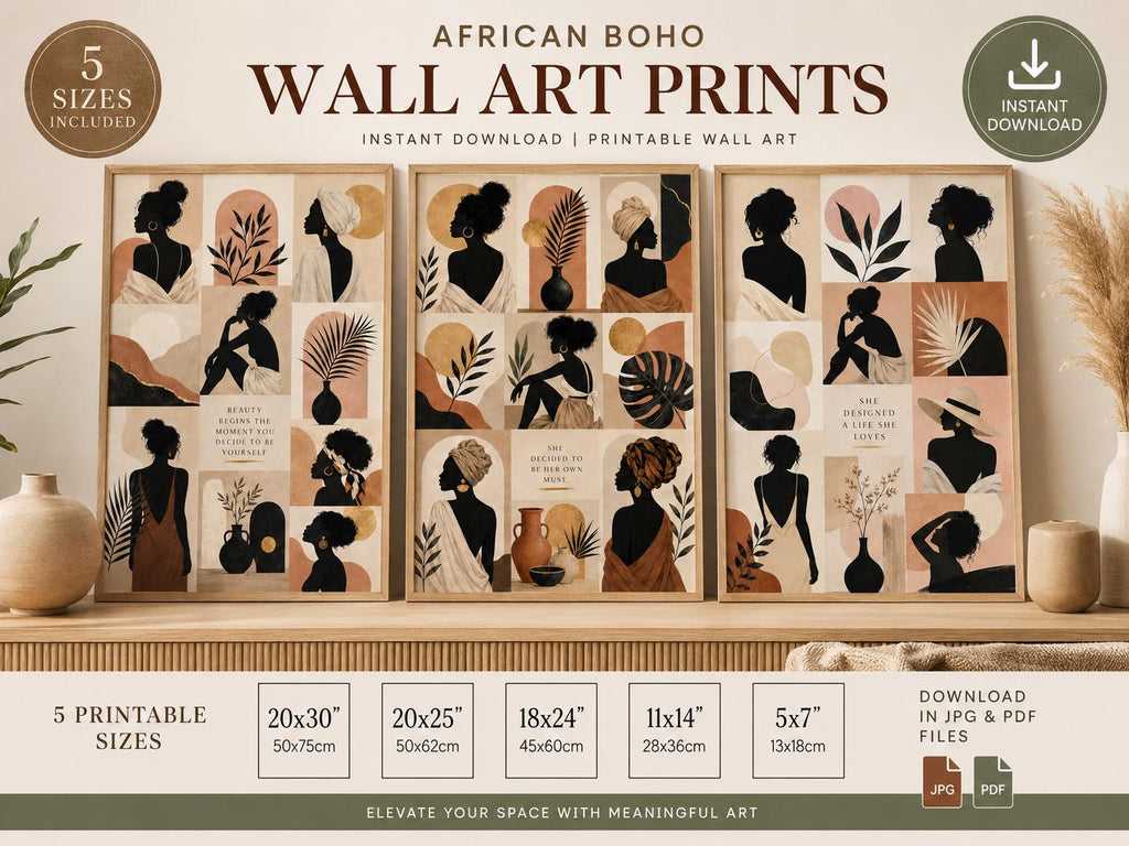 African Boho Woman Wall Art Print Set, Abstract Neutral Gallery Decor (Digital Download)