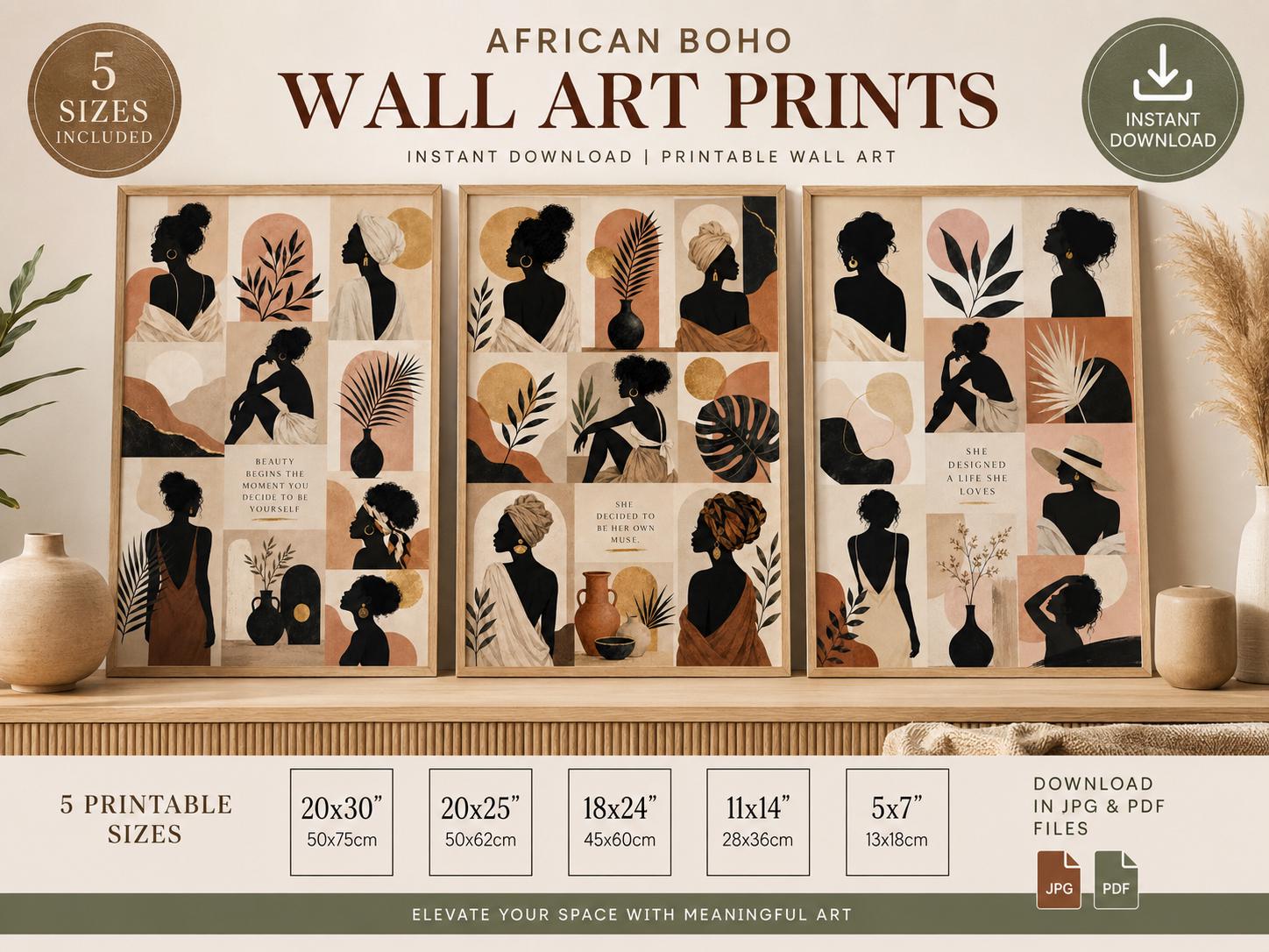 African Boho Woman Wall Art Print Set, Abstract Neutral Gallery Decor (Digital Download)