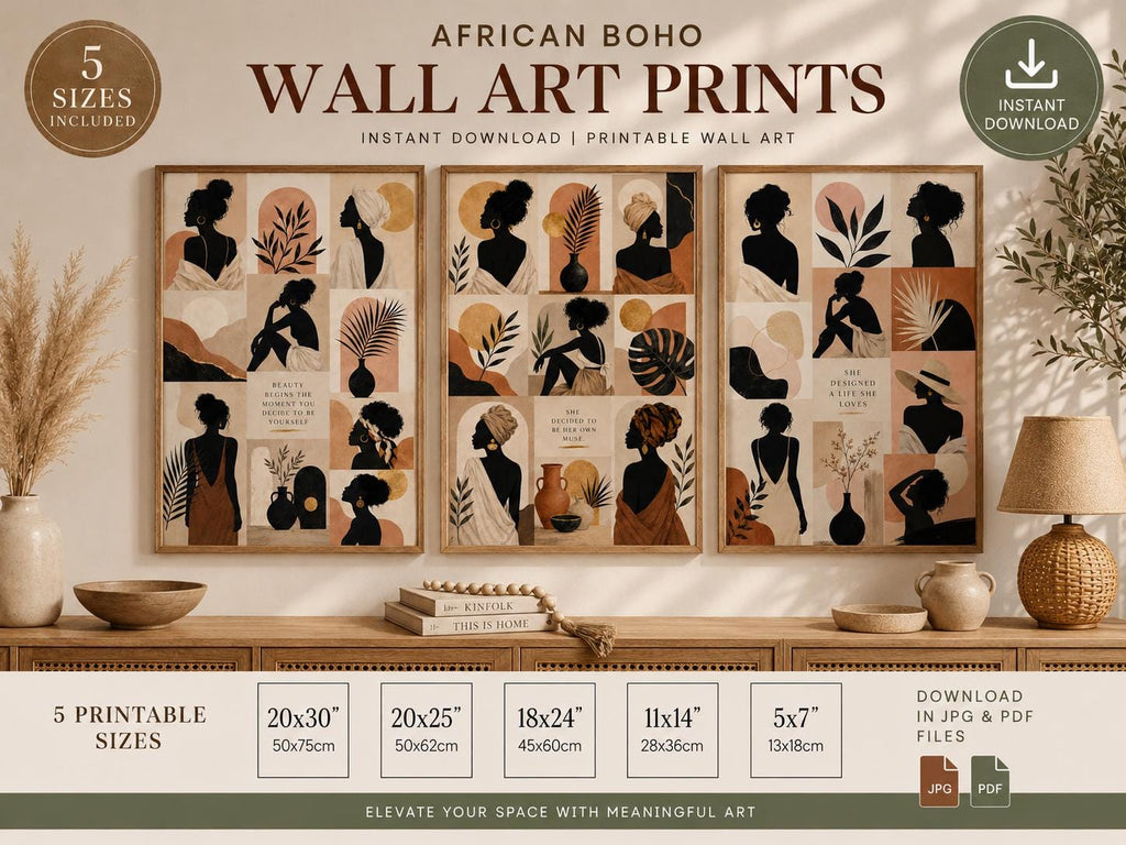 African Boho Woman Wall Art Print Set, Abstract Neutral Gallery Decor (Digital Download)