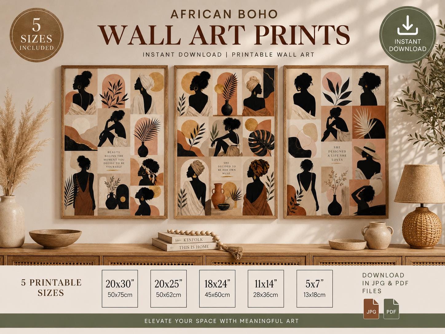 African Boho Woman Wall Art Print Set, Abstract Neutral Gallery Decor (Digital Download)